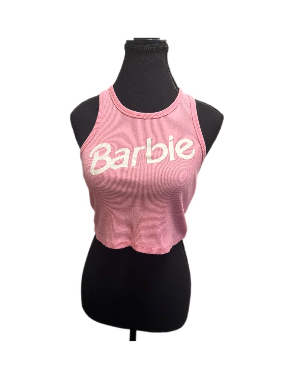 Barbie Bubblegum Pink Ribbed Logo Crop Tank